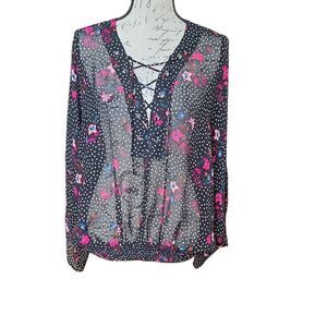 Express Women's Size Large Black White Pink Floral Lace Up Sheer Blouse